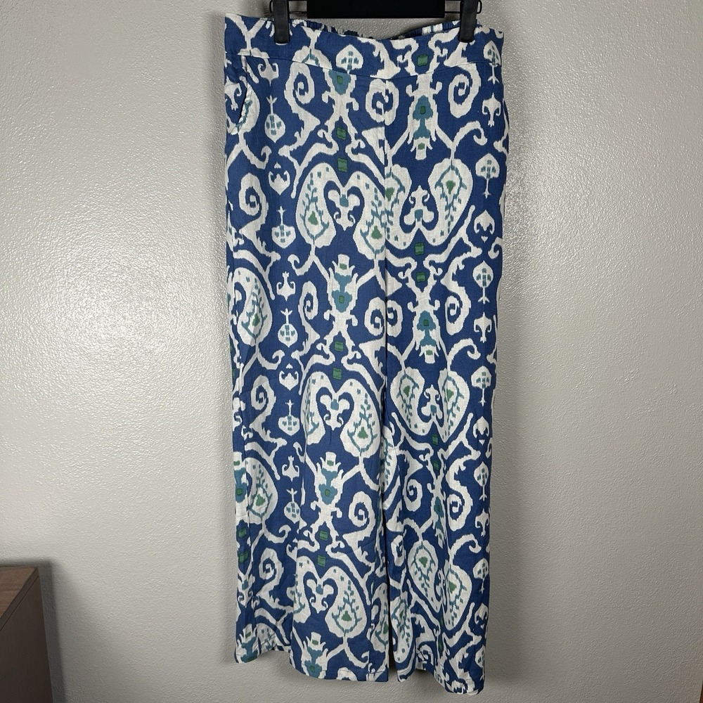 Christian‎ Siriano Linen Blend Cropped Wide Leg Pants Womens XL Blue Artsy Beach